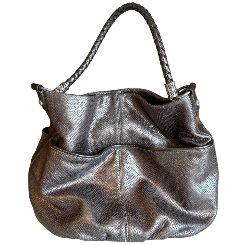 Brighton Embossed Snake Leather Shoulder Bag Pewter